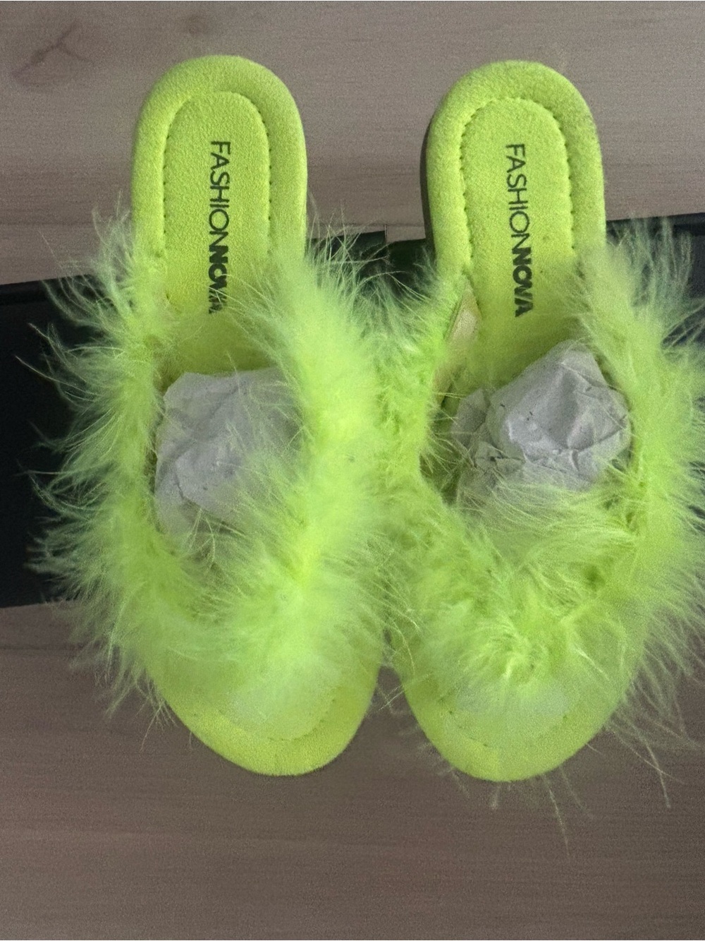 Fashion Nova Neon Yellow Feather Slide Flats